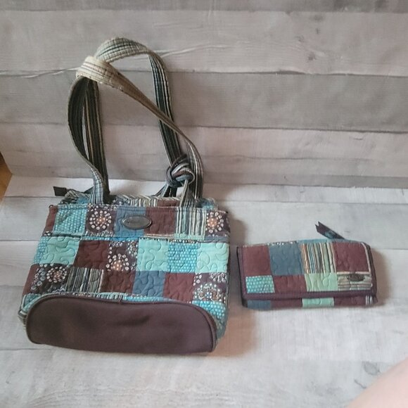Donna Sharp Patchwork Quilted Shoulder Bag & Wallet Brown/Teal - Picture 1 of 14